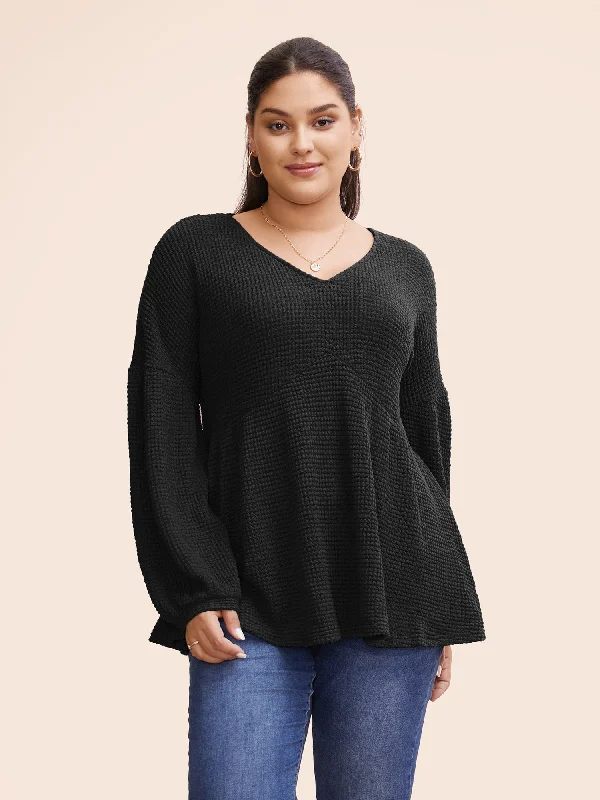 Waffle Knit Lantern Sleeve Flutter Hem Sweatshirt