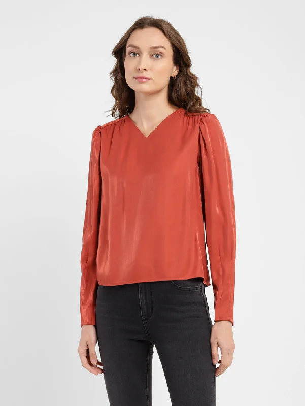 Women's Solid V Neck Top Red