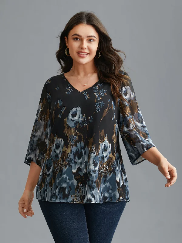 V Neck Floral Bell Sleeve Blouse