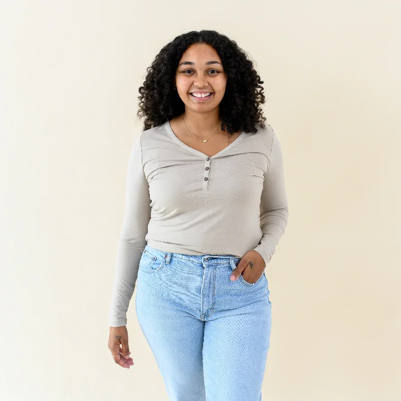 Women's Long Sleeve Henley Tee in Almond