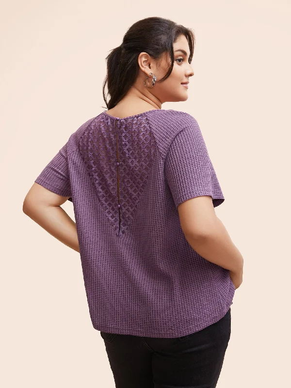 Waffle Knit Lace Patchwork Raglan Sleeve T-shirt