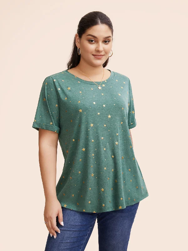 Star Glitter Cuffed Sleeve Crew Neck T-shirt