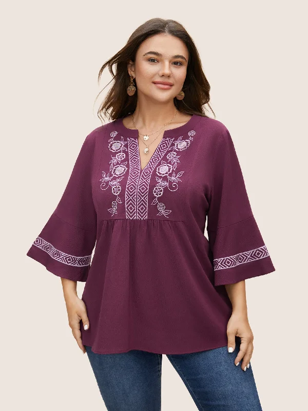 Boho Print Embroidered Gathered Notched Blouse