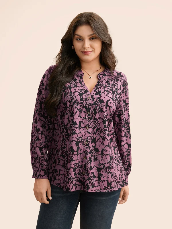 Silhouette Floral Print Notched Frill Trim Blouse