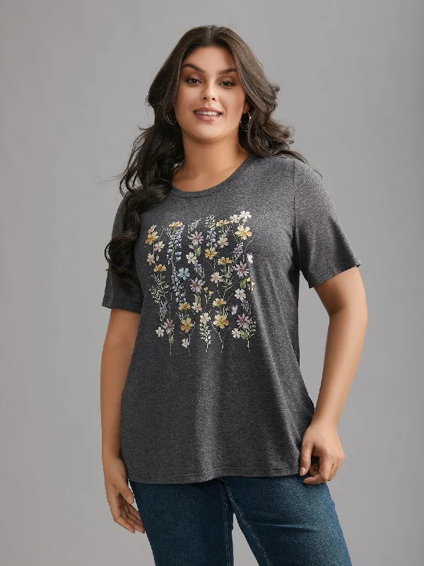 Floral Crew Neck Stretchy T-Shirt