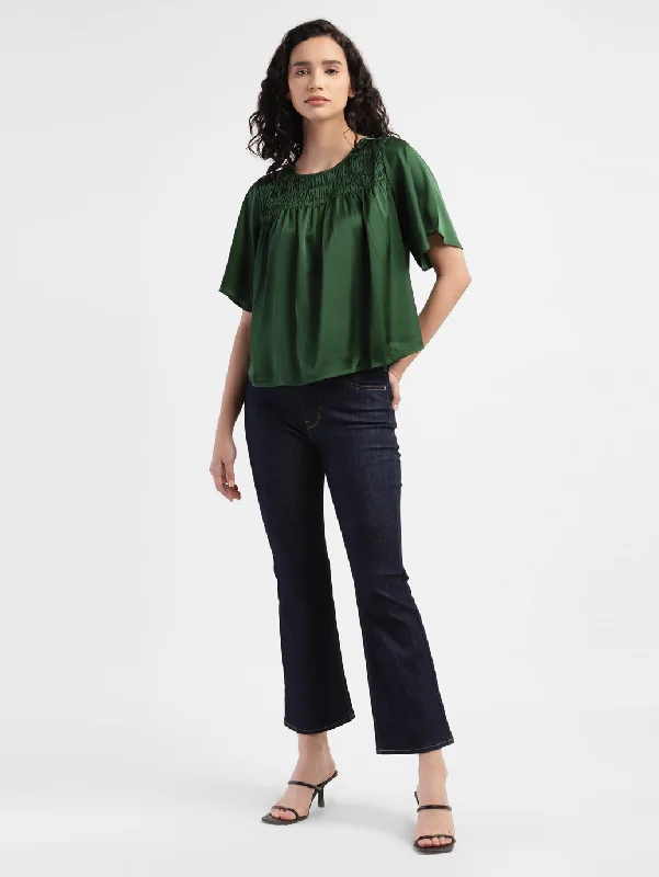 Women's Solid Round Neck Top Green