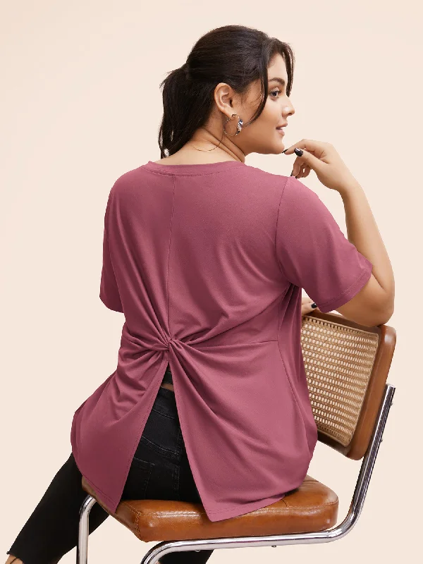 Solid Twist Back V Neck Short Sleeve T-shirt