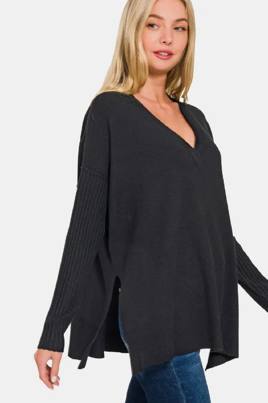 V-Neck Side Slit High-Low Sweater - Black