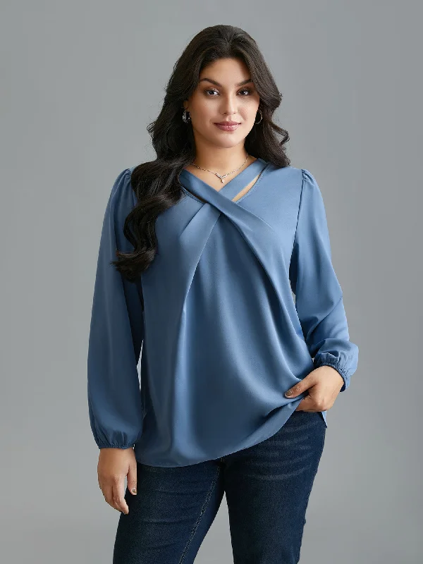 Criss Cross Neckline Puff Sleeve Gathered Blouse