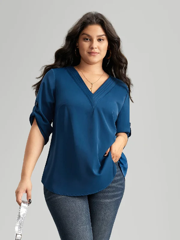 V Neck Plain Pleated Tab Sleeve Blouse