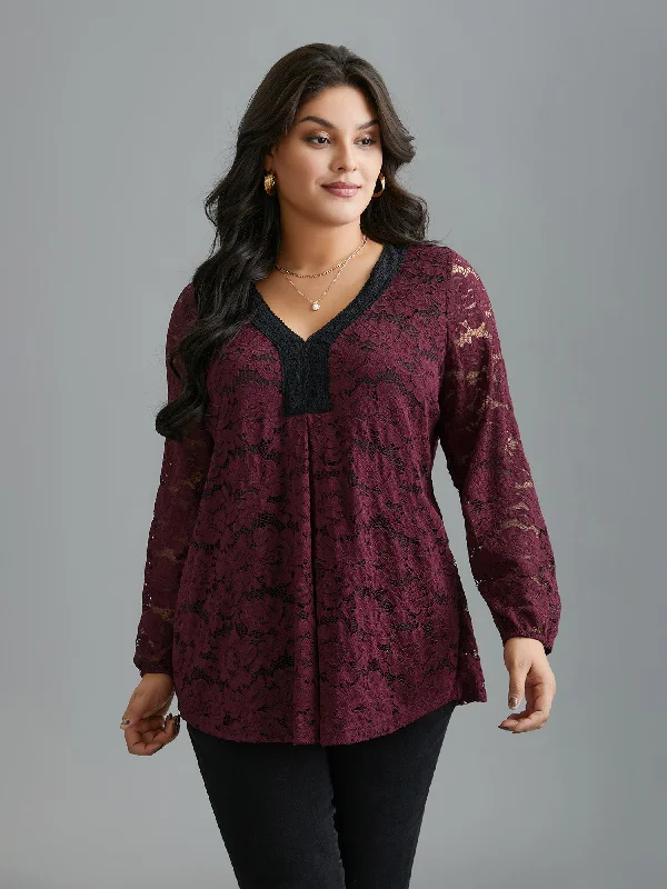 Sheer Lace Sleeve Pleated Slim-Fit Blouse