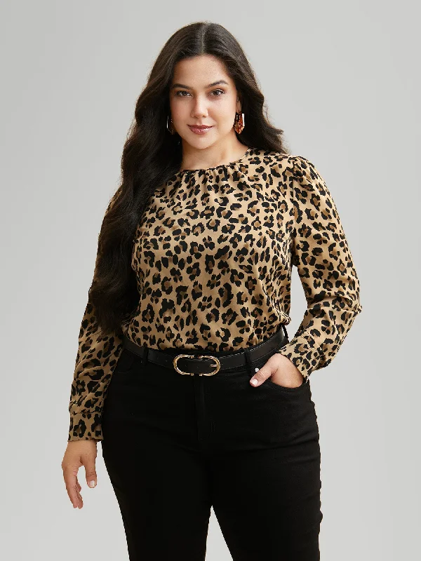 Leopard Print Mock Neck Gathered Blouse