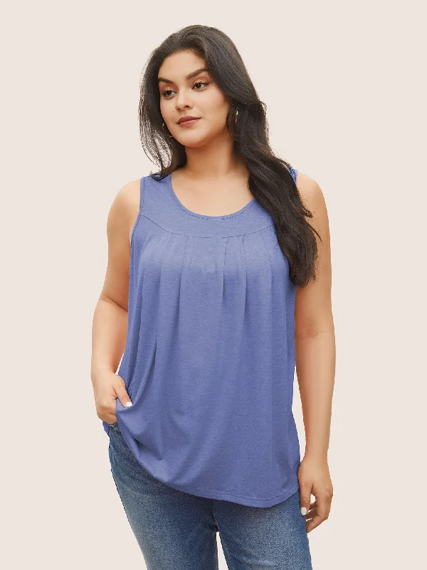 Plain Round Neck Plicated Detail Tank Top