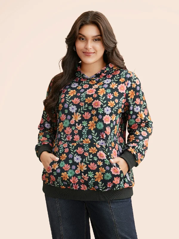 Floral Patchwork Pocket Hooded Sweatshirt