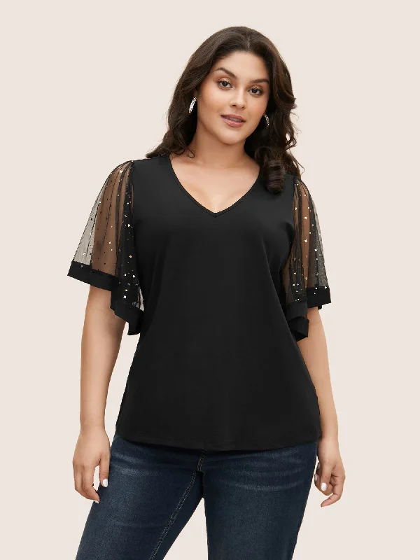 Star Sequin Mesh Patchwork Ruffle Sleeve T-shirt