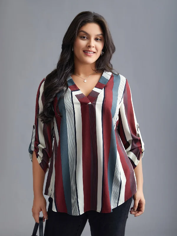 Vertical Striped V-Neck Tab Sleeve Blouse