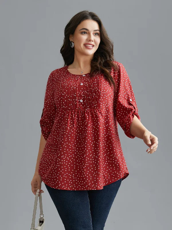 Pleated Polka Dot Button Cuff Sleeve Blouse