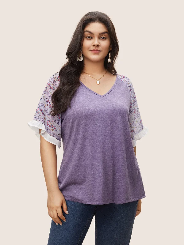 Ditsy Floral Patchwork Frill Trim Raglan Sleeve T-shirt