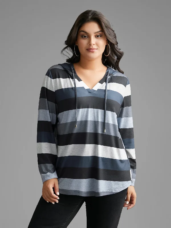 Contrast Striped Hooded Drawstring T-shirt