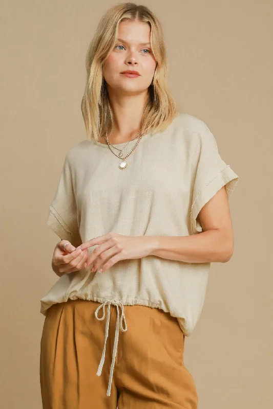 Cream Drawstring Hem Linen Top