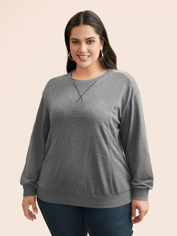 Round Neck Stitch Slightly Stretchy Sweatshirt