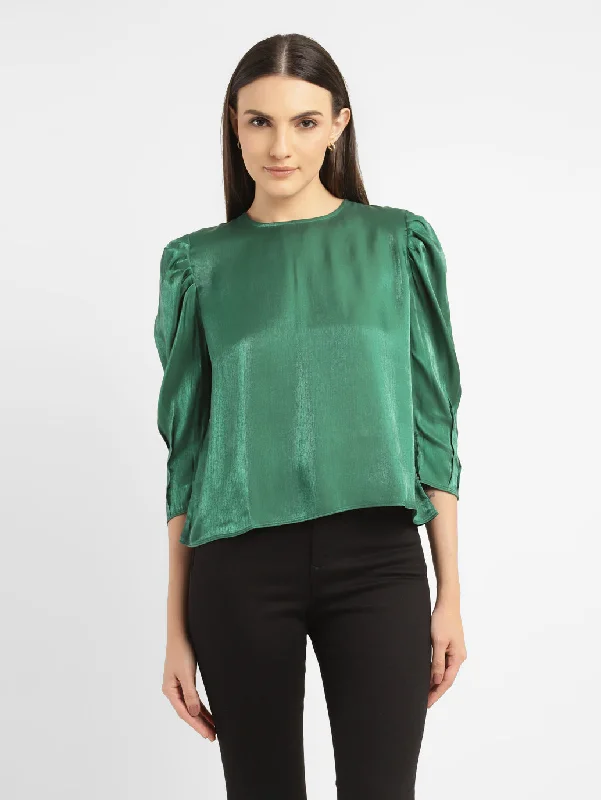 Women's Solid Green Round Neck Tops