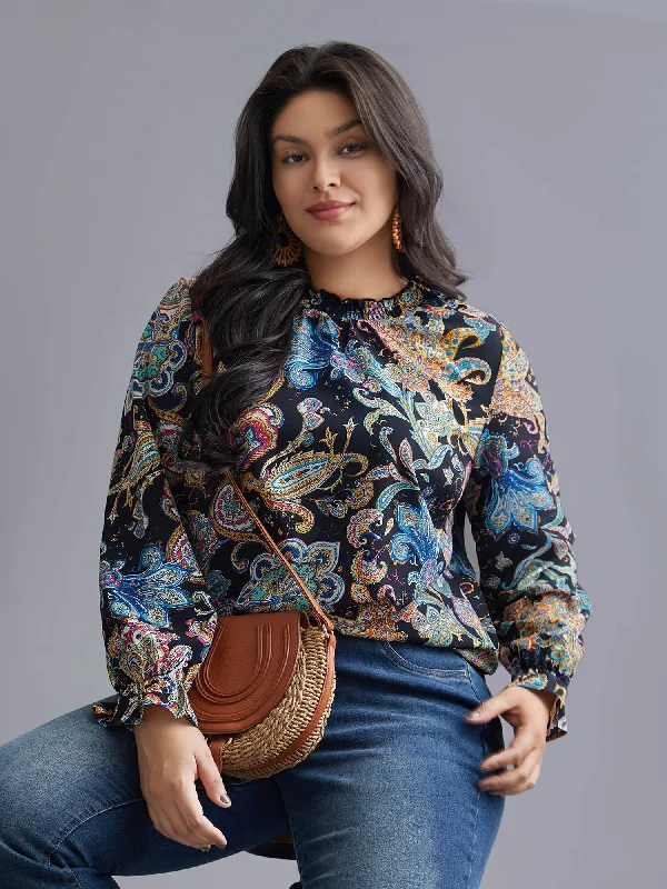 Stand Collar Paisley Shirred Blouse