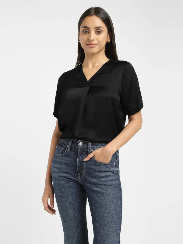 Women's Solid Black V Neck Top