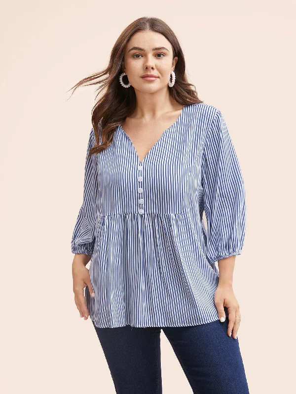 Striped Gathered Button Detail Lantern Sleeve Blouse