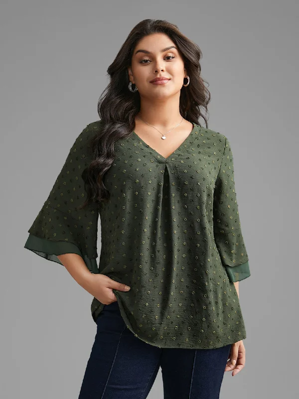 Textured Pleated Tiered Ruffle Sleeve Blouse