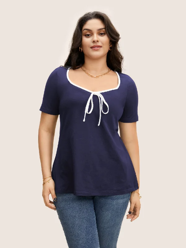 Square Neck Contrast Trim Tie Knot T-shirt