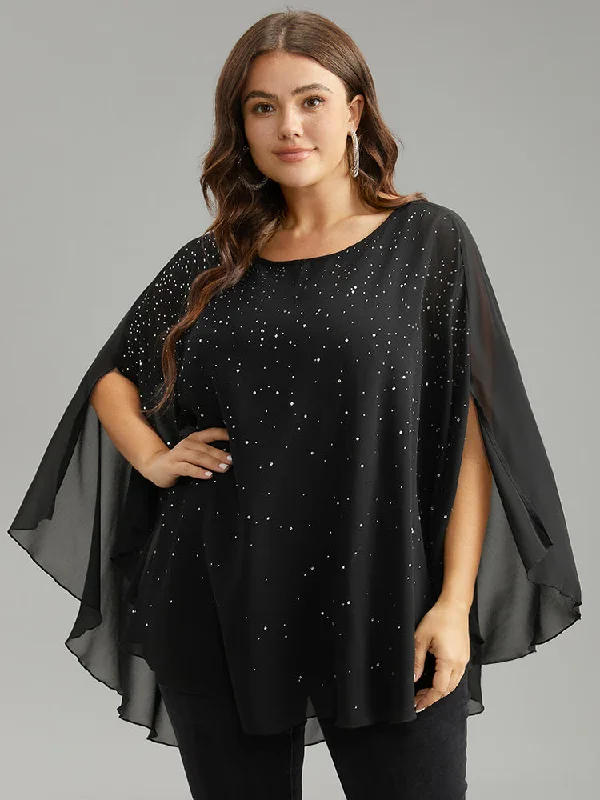 Chiffon Rhinestone Split Dolman Sleeve Blouse