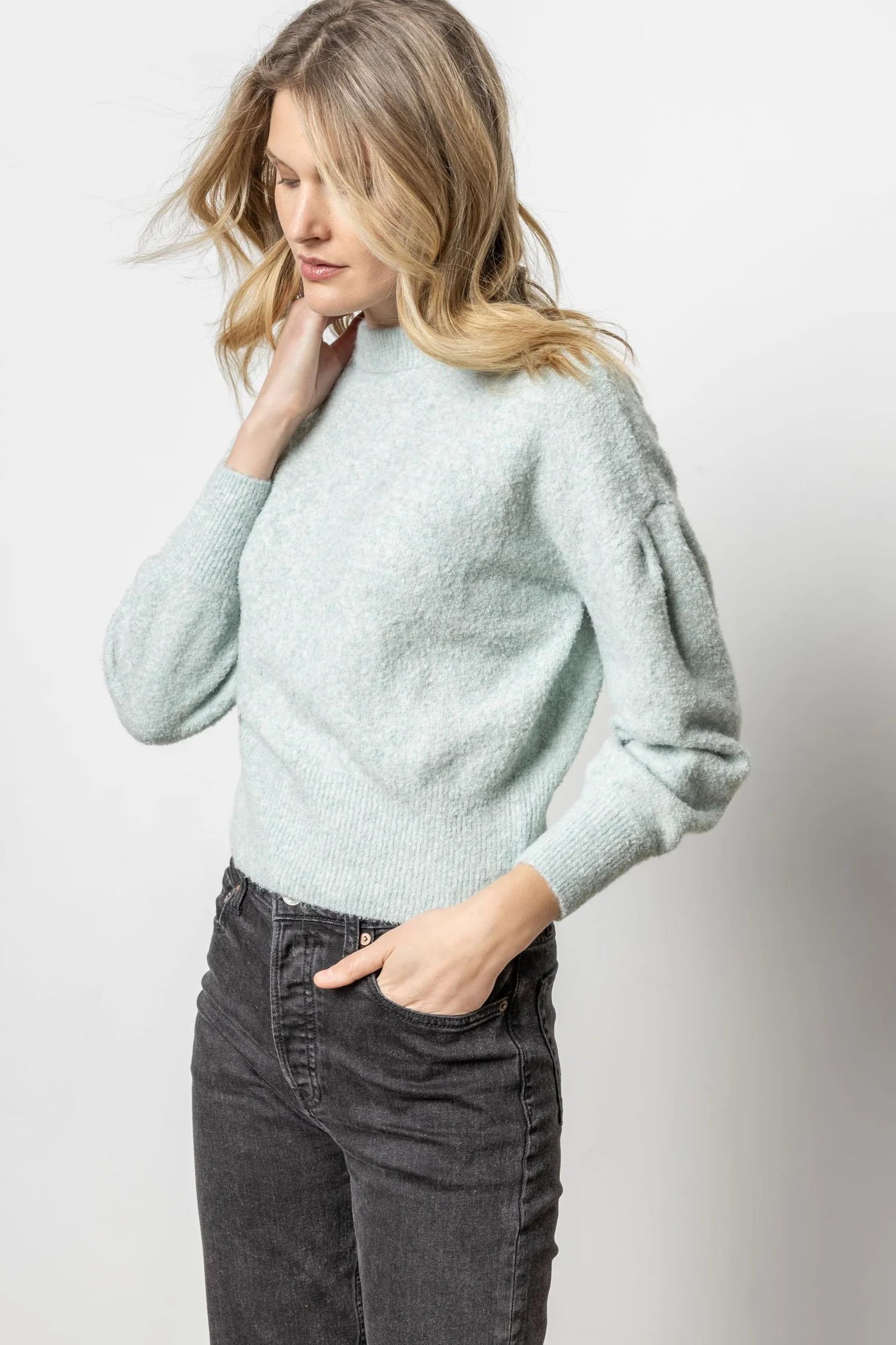 Pleated Sleeve Crewneck in Frost