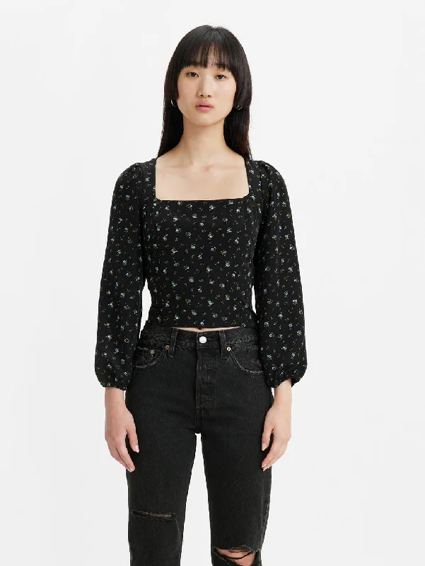 Women's Floral Print Black Square Neck Top