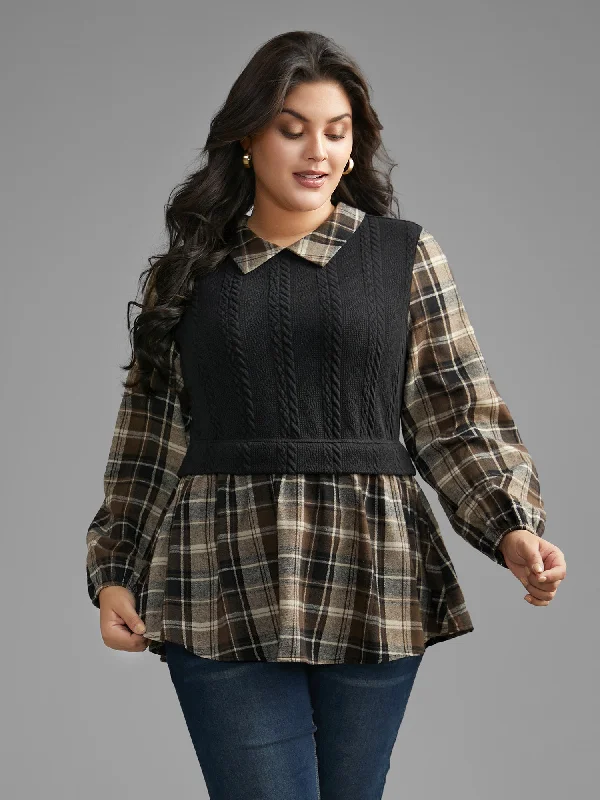 Plaid Patchwork Texture Lantern Sleeve Blouse