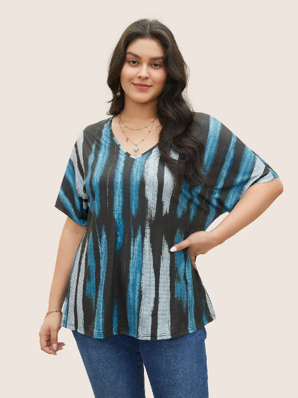 Striped Contrast Dolman Sleeve V Neck T-shirt