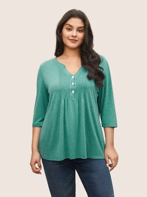 Notched Solid Pleated Button Up T-shirt