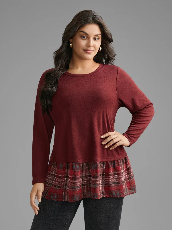 Plaid Patchwork Ruffle Hem Jersey Top