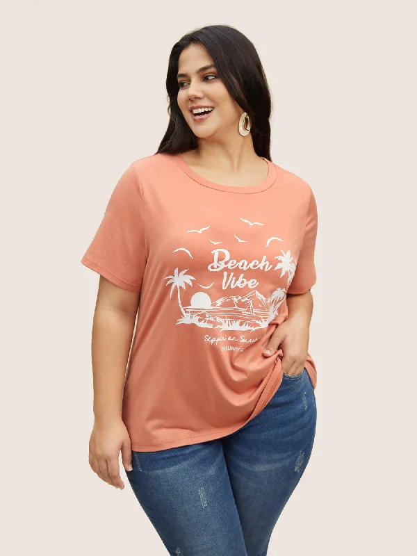 Tropical Coconut Tree Print Round Neck T-shirt