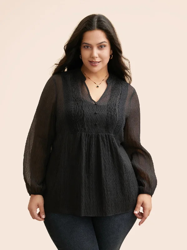 Textured Lace Panel Pleated Blouse