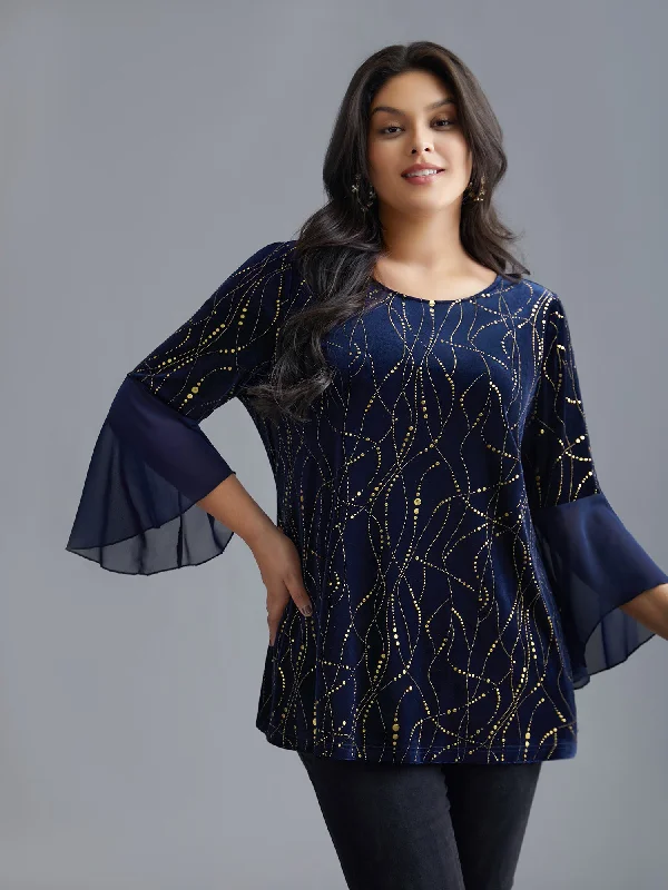 Velvet Glitter Mesh Bell Sleeve Patchwork Blouse