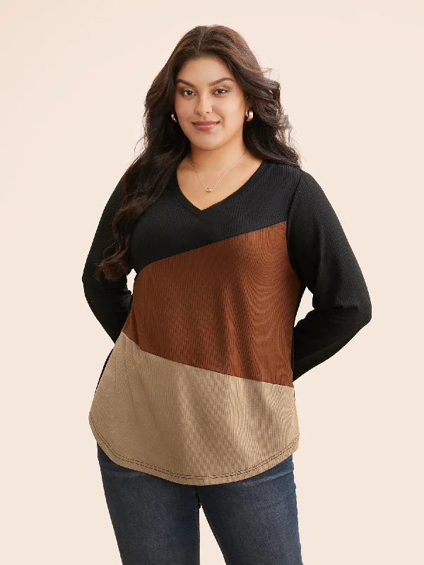 V Neck Contrast Patchwork Rib Knit T-shirt