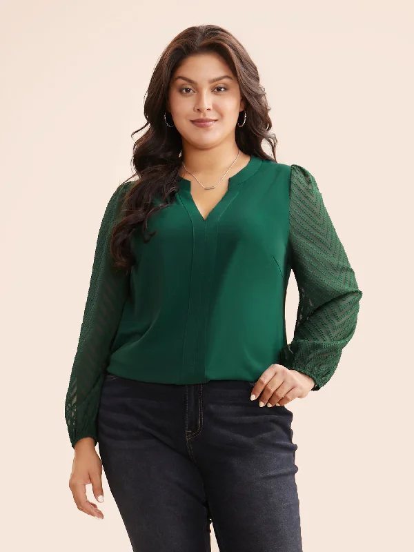 Solid Textured Notched Collar Pleated Blouse