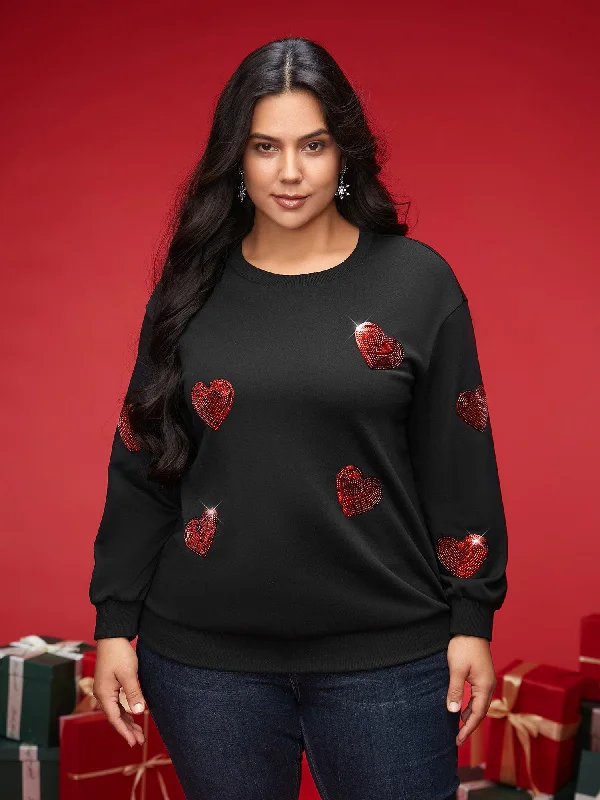 Sequin Heart Embellished Puffy Sleeves Sweatshirt