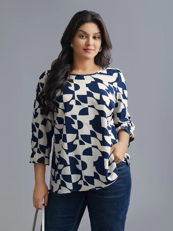 Round Neck Geometric Print  Blouse