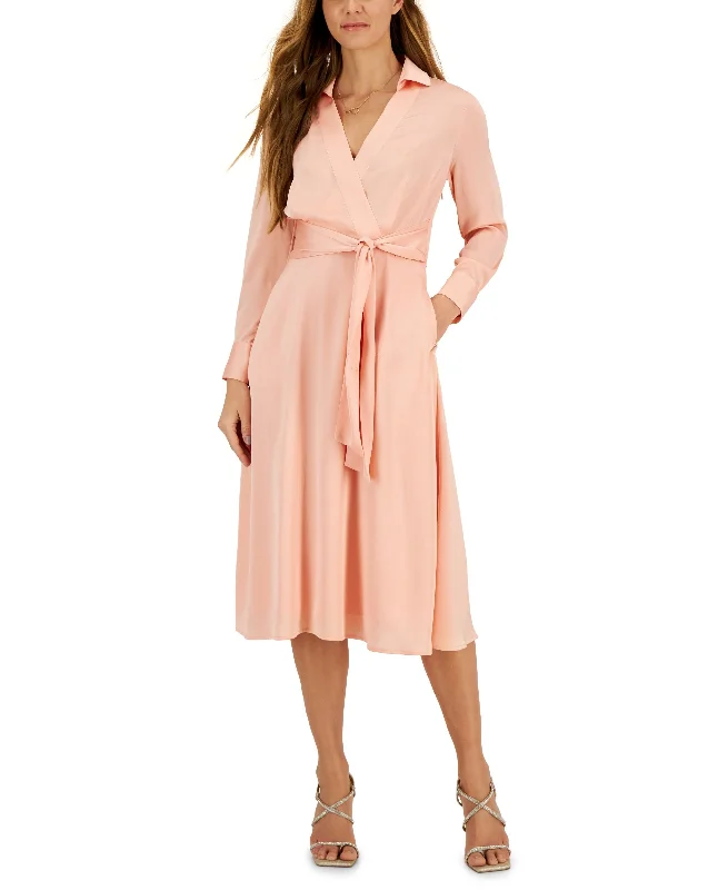 Hammered Satin Faux-Wrap Midi Shirtdress