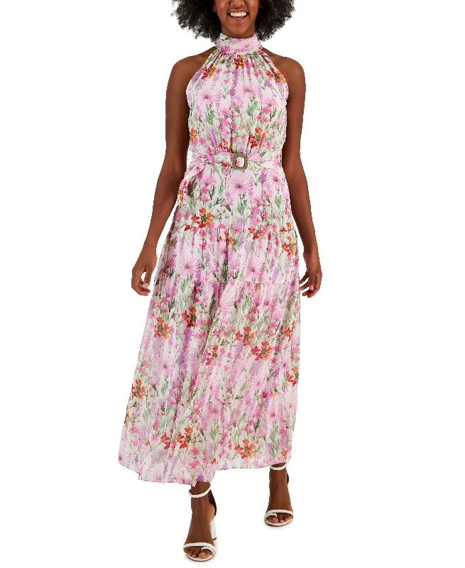 Printed Chiffon Sleeveless Buckle-Waist Maxi Dress