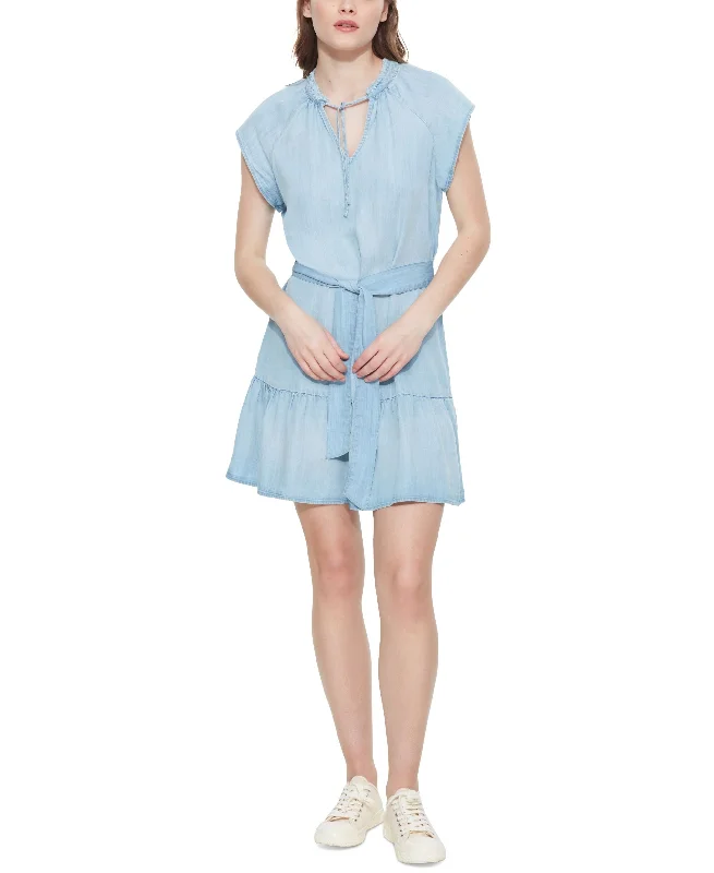 Women's Short-Sleeve Tie-Waist Mini Dress