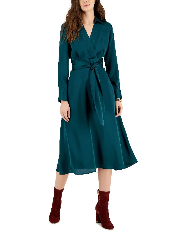 TAHARI ASL Tie Front Long Sleeve V-Neck Satin Shirtdress