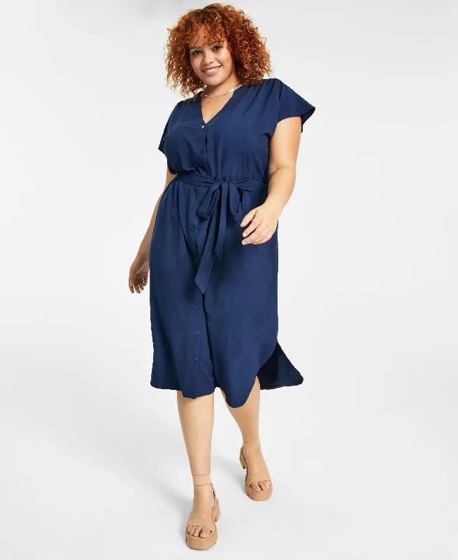 Trendy Plus Size Belted Short-Sleeve Shirtdress